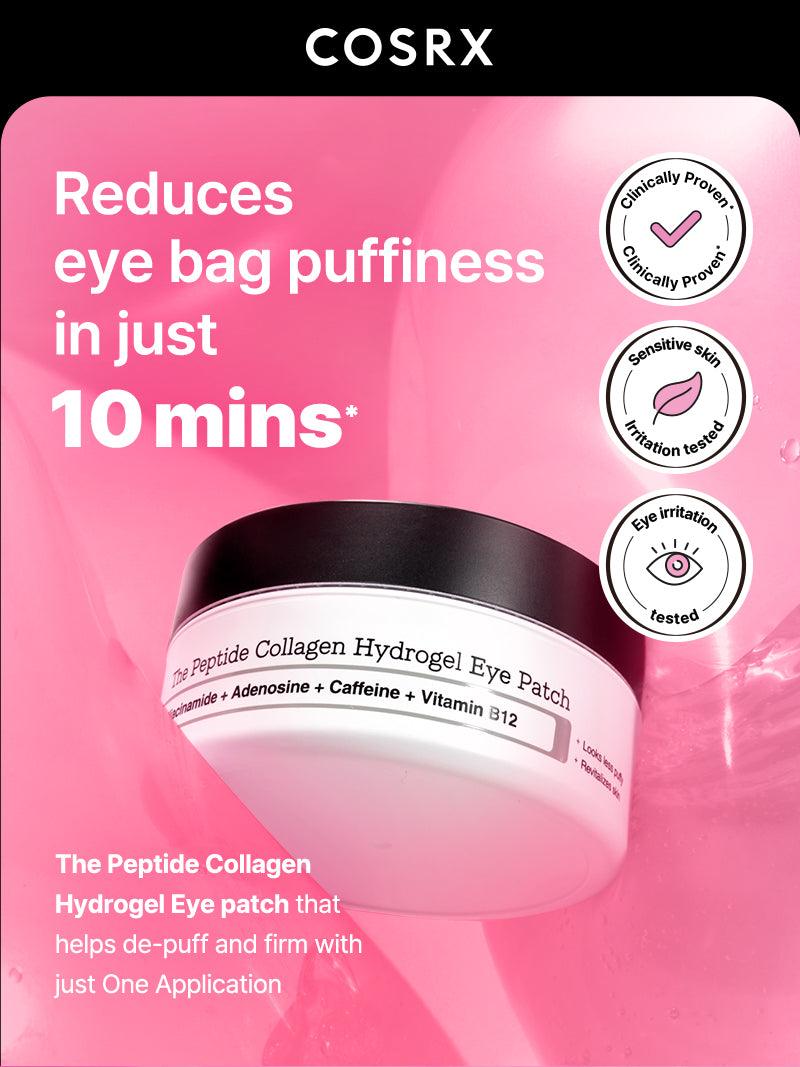 COSRX The Peptide Collagen Hydrogel Eye Patch against a pink backdrop with clinically proven claim—reduces under-eye puffiness in just 10 minutes; enriched with peptides, collagen, and caffeine to de-puff, firm, and revitalize tired eyes; irritation-tested for sensitive skin.