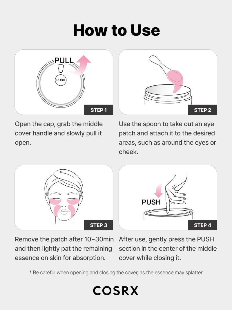 COSRX The Peptide Collagen Hydrogel Eye Patch usage guide showing step-by-step application, open jar, scoop hydrogel patch with included spatula, apply under eyes or cheeks for 10–30 minutes, and press lid to close. Demonstrates hygienic, clinically tested K-beauty method to reduce the appearance of puffiness and fine lines.