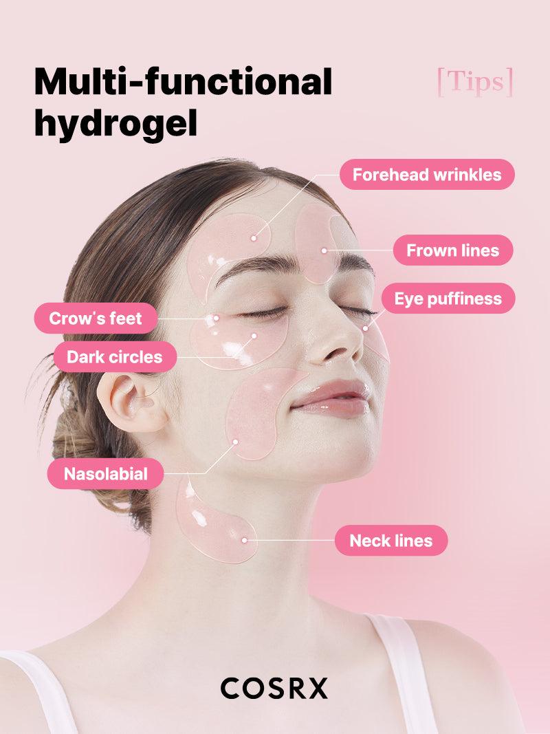 Model demonstrating COSRX The Peptide Collagen Hydrogel Eye Patch applied to multiple facial areas including forehead wrinkles, frown lines, under-eye puffiness, crow’s feet, nasolabial folds, dark circles, and neck lines; shows versatile use for firming and rejuvenating tired skin.