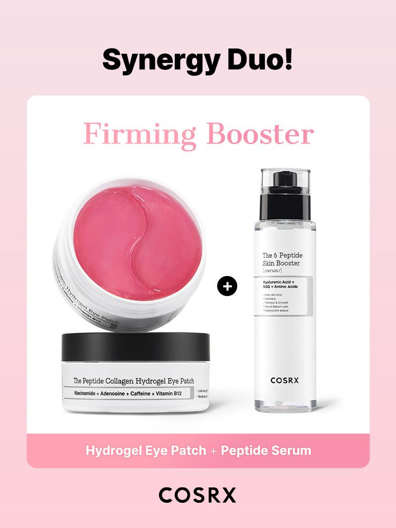 COSRX The Peptide Collagen Hydrogel Eye Patch displayed with The 6 Peptide Skin Booster serum as a firming duo; enriched with niacinamide, adenosine, caffeine, and collagen to de-puff, smooth the appearance of fine lines, and enhance lifting results when layered in a peptide-based K-beauty skincare routine.