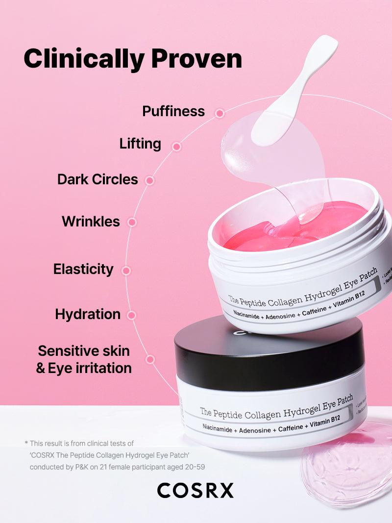 COSRX The Peptide Collagen Hydrogel Eye Patch clinical claim image showing open jar with applicator; proven to reduce puffiness, lift and firm skin, brighten dark circles, smooth the appearance of wrinkles, and improve elasticity and hydration, tested on sensitive skin for irritation safety.