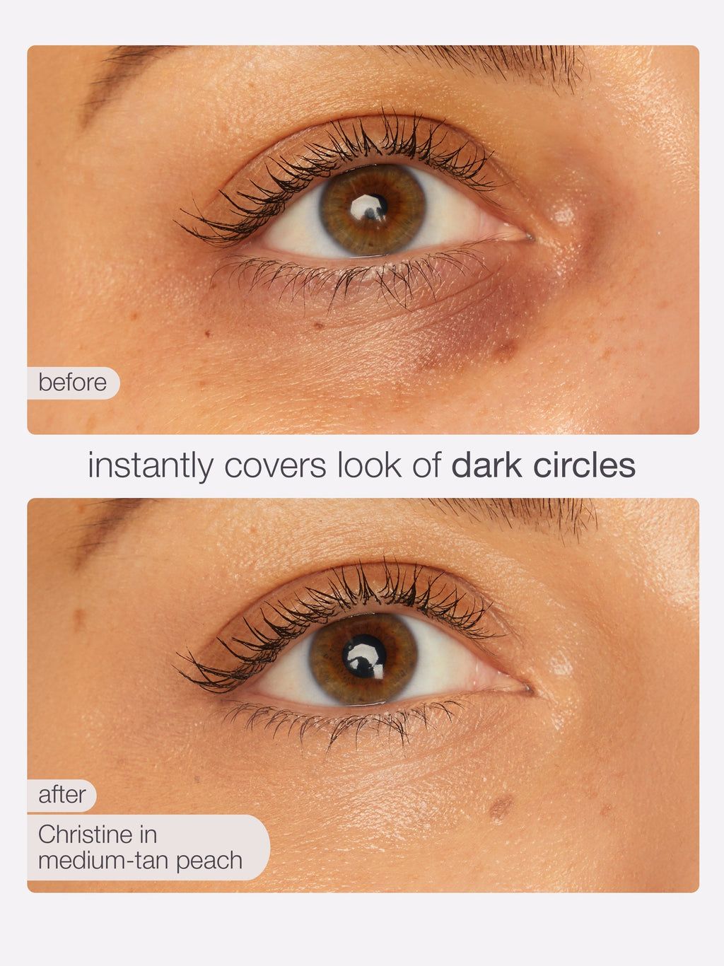 Before and after comparison of eye makeup application on a person's eye, with text indicating product color and effect.