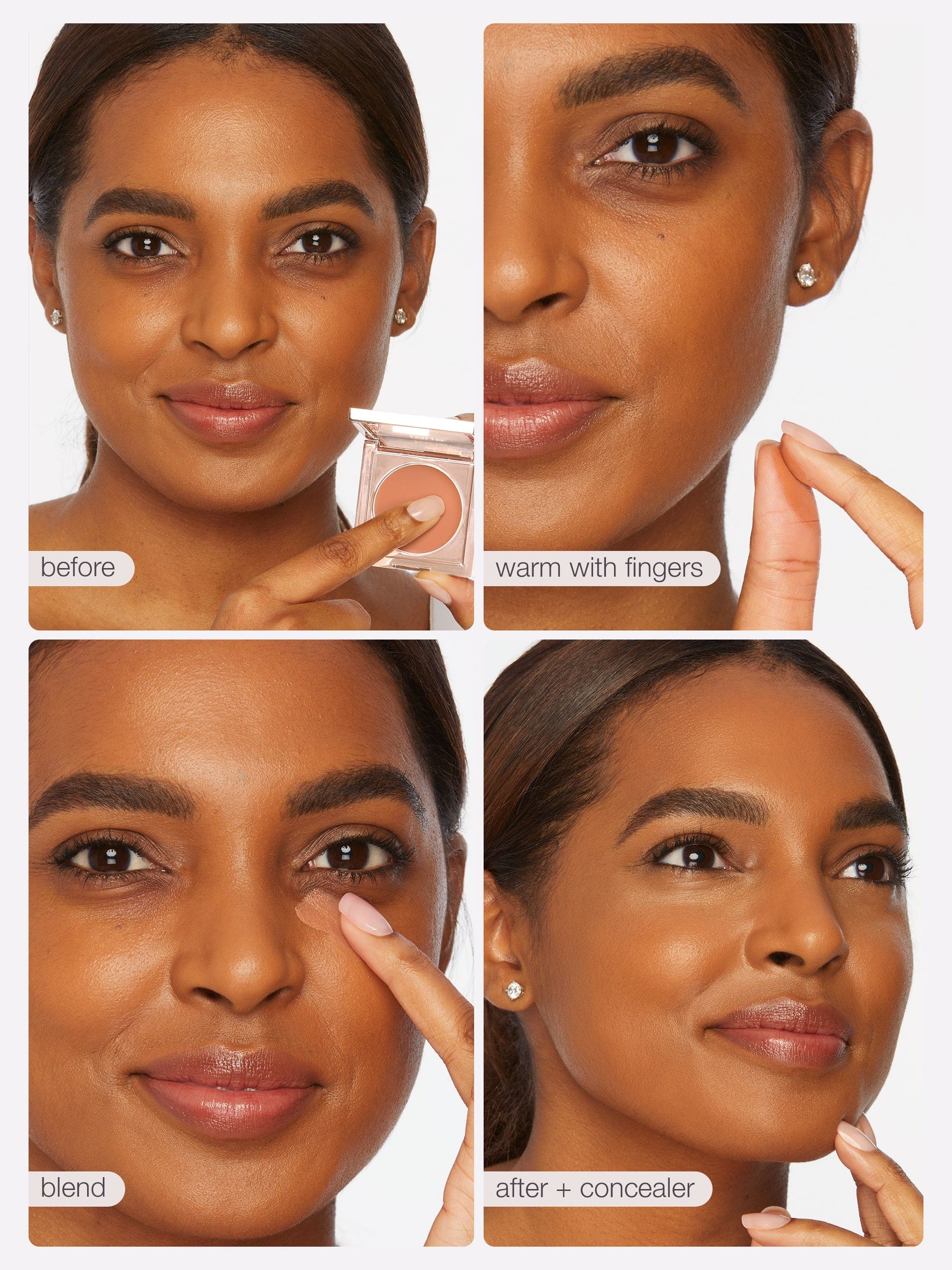 Step-by-step makeup application process on a woman's face with close-up shots.